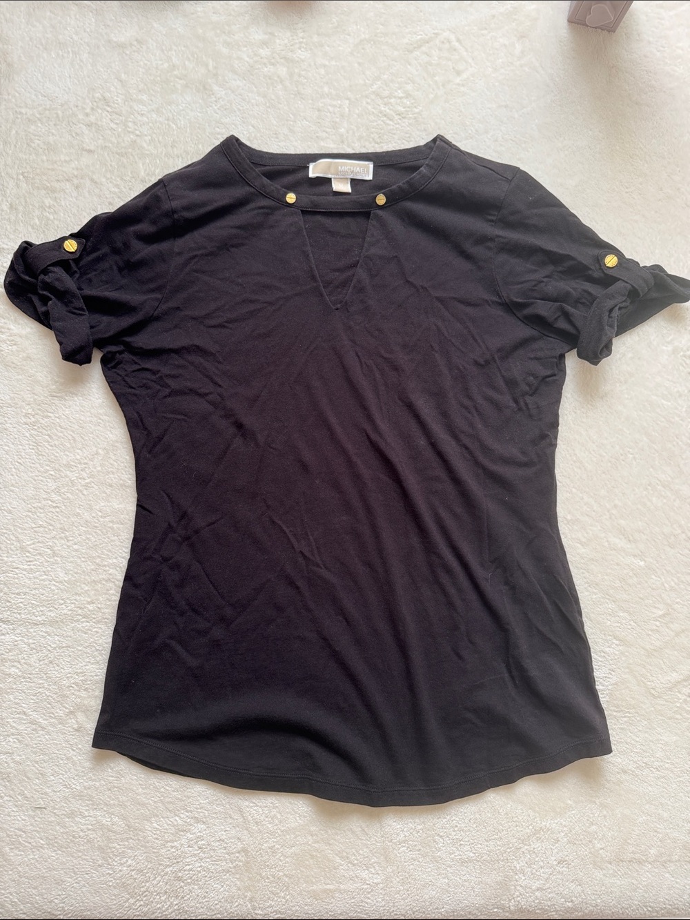Michael Kors Black Short Sleeve Tee with Gold Button Tabs